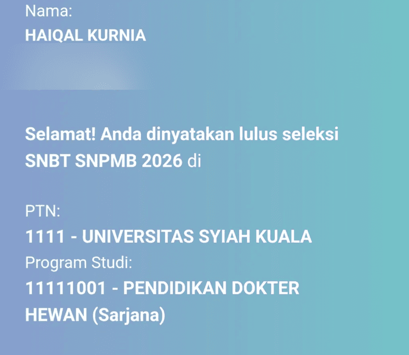 Bukti kelulusan SNBT Haiqal Kurnia